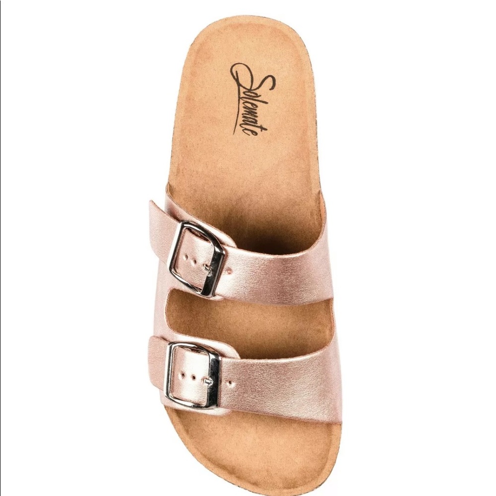 Rose Gold Dbl Buckle Platform Slide